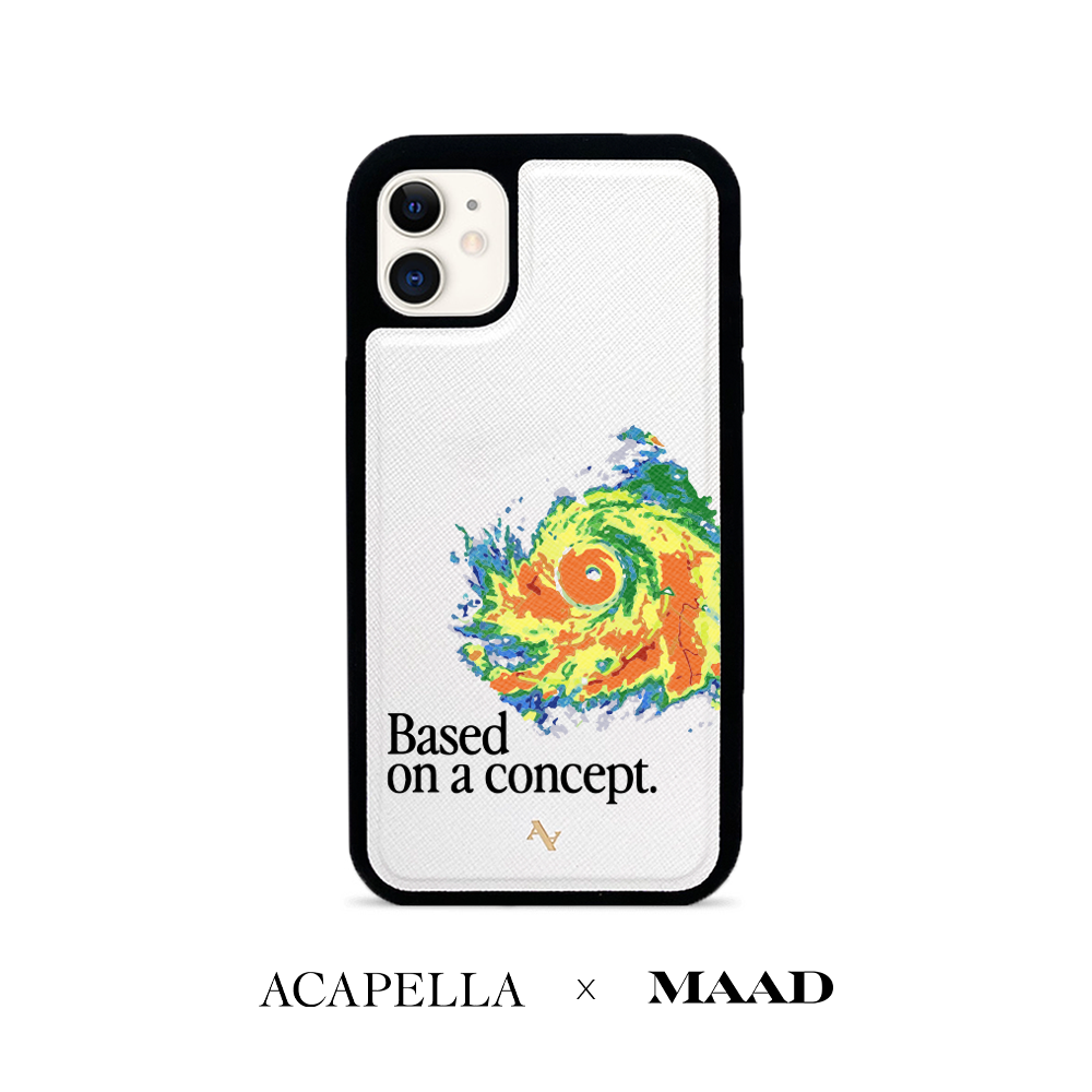 Acapella x MAAD Hurricane White iPhone 11 Leather Case showcasing vegan saffiano leather and soft rubber rim.